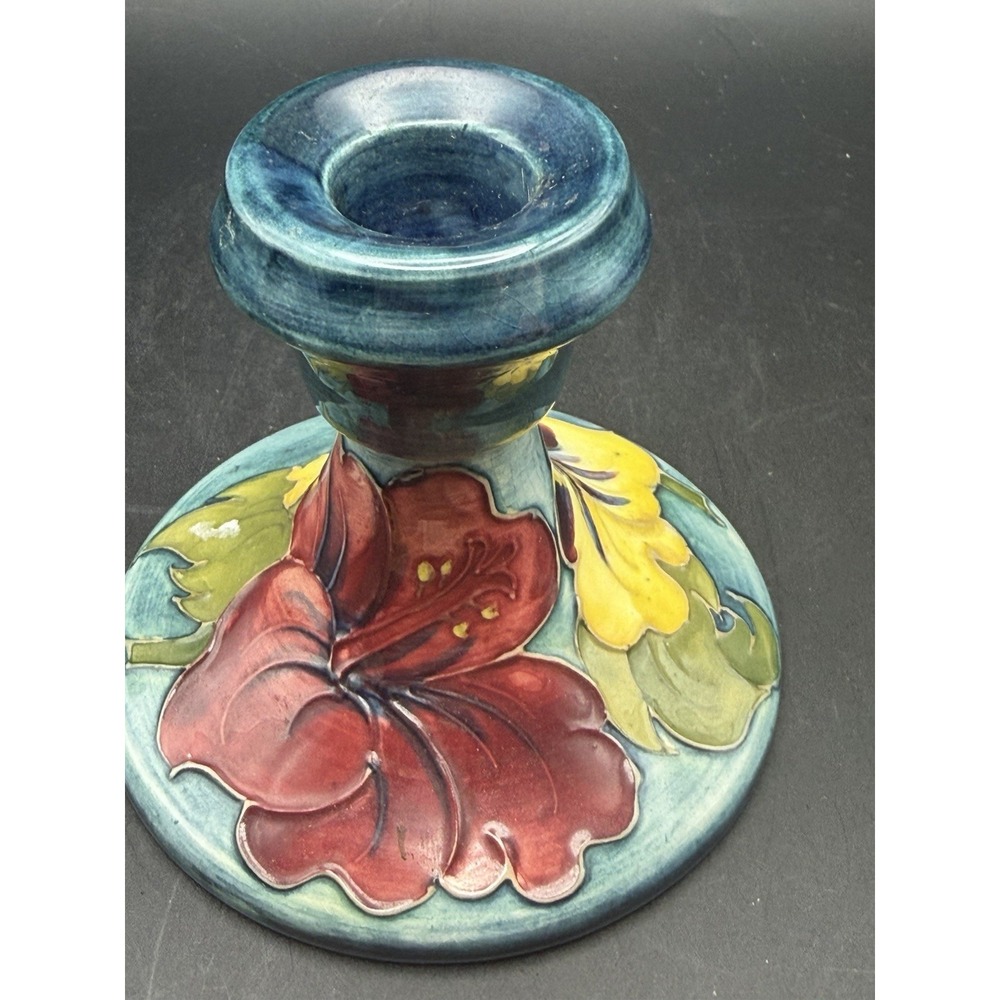 Moorcroft Hibiscus Pattern Squat Candlestick 3.5" Made in England